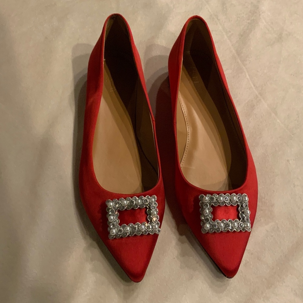 JCrew Red 9 Pointy Toe Flats with Crystal Holiday Party Date Festive Wedding